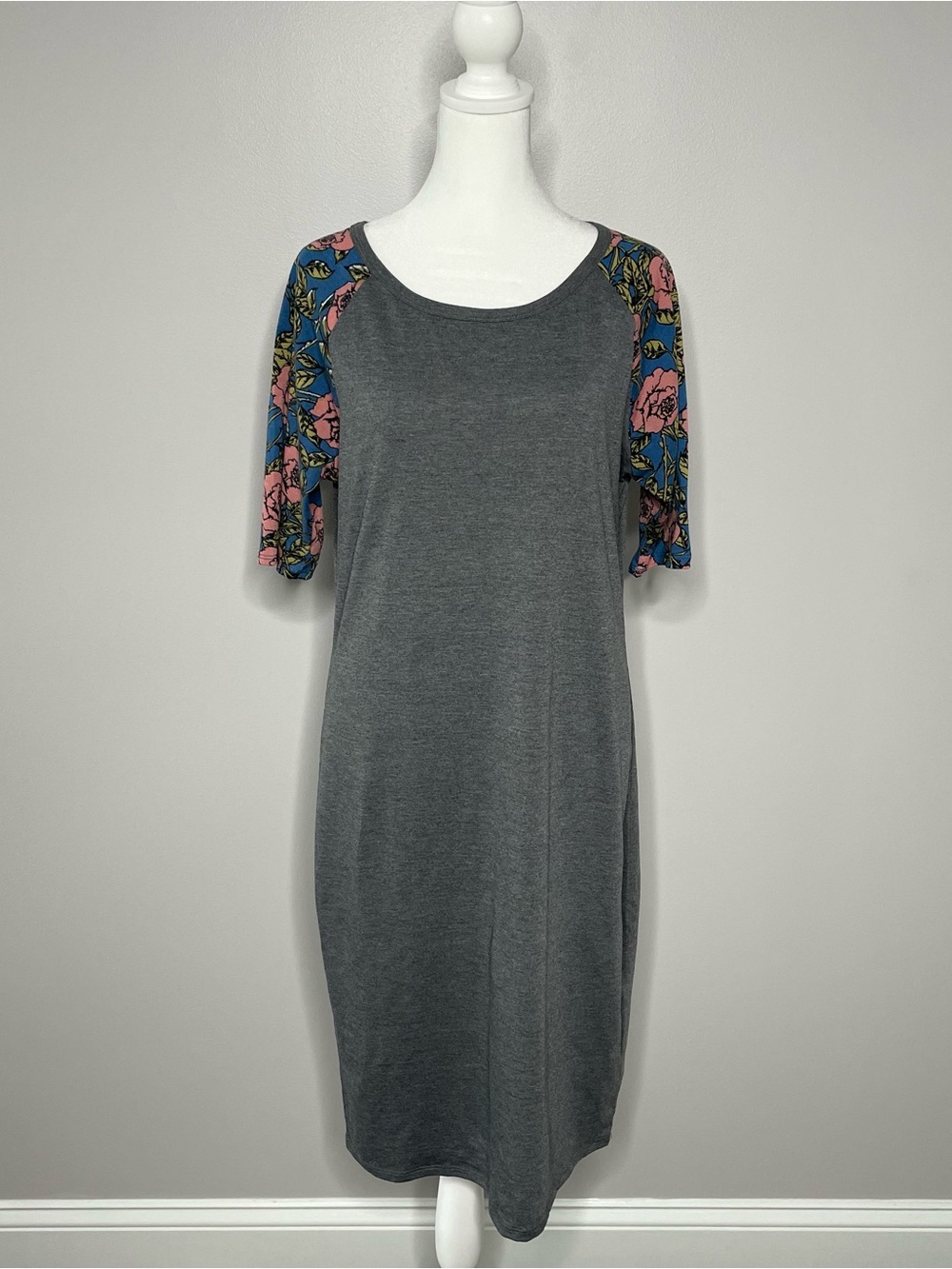LulaRoe Julia Raglan Floral Sleeve Bodycon Midi Dress Casual Size L